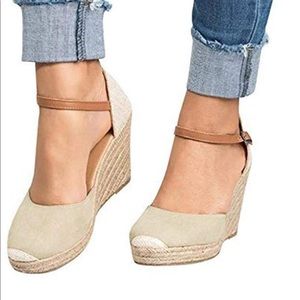 Espadrille Tan Wedge Ankle Strap Close Toe Sandal